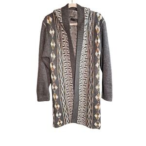 Hooded Sweater Cardigan‎ Sz M Gray Greek Key Open Front Knit #366